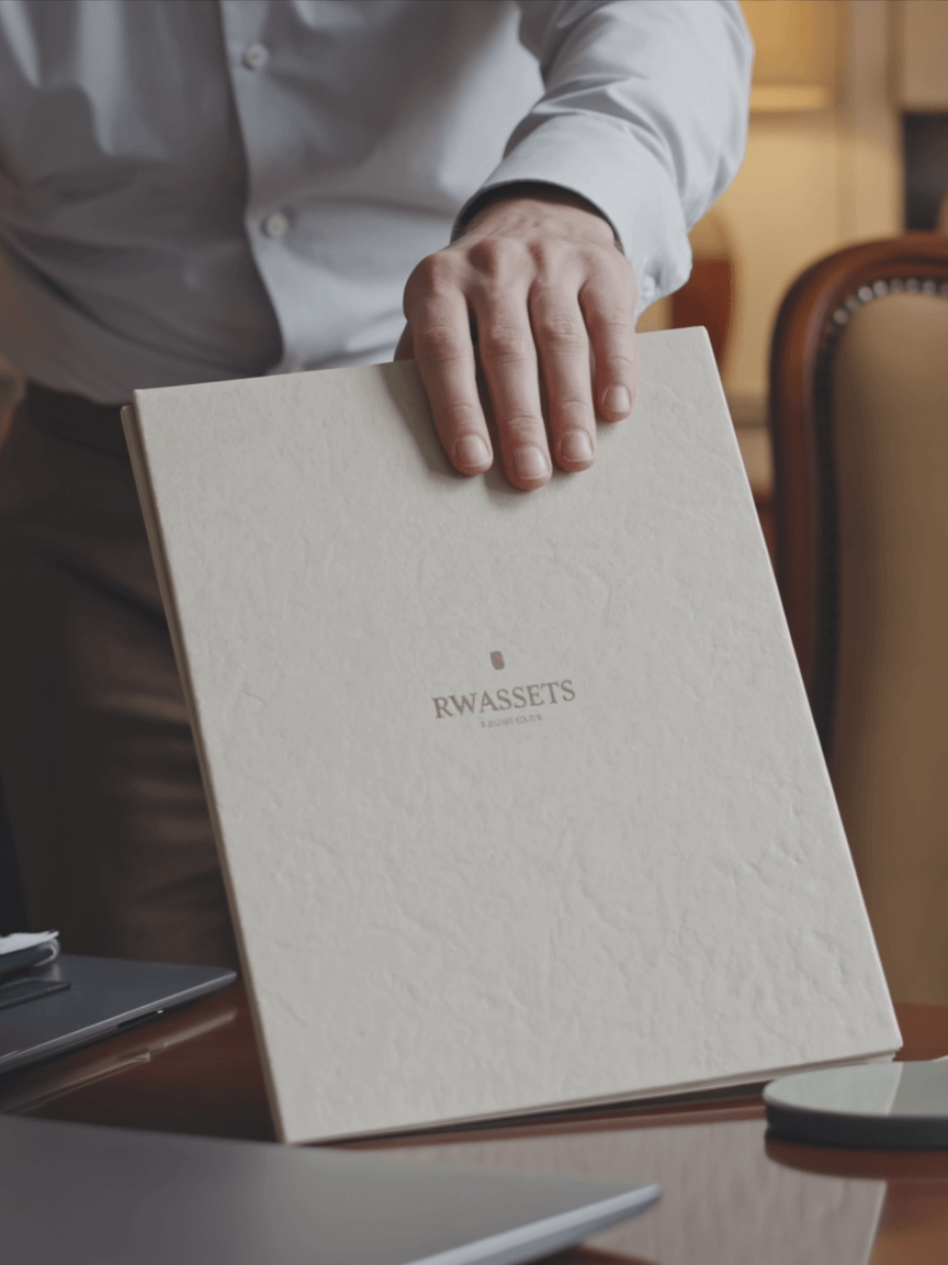 Mano masculina sujetando dossier premium con logo de RWAssets en sala de reuniones elegante